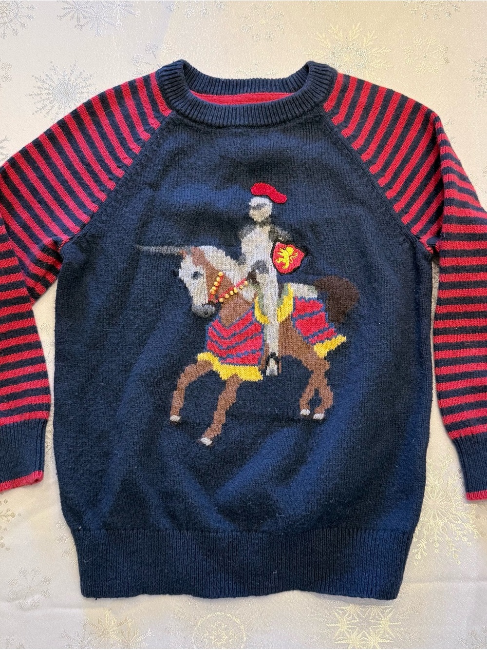 Mini Boden Knight on Horse Intarsia Sweater Navy Red Stripes 5-6Y cotton wool